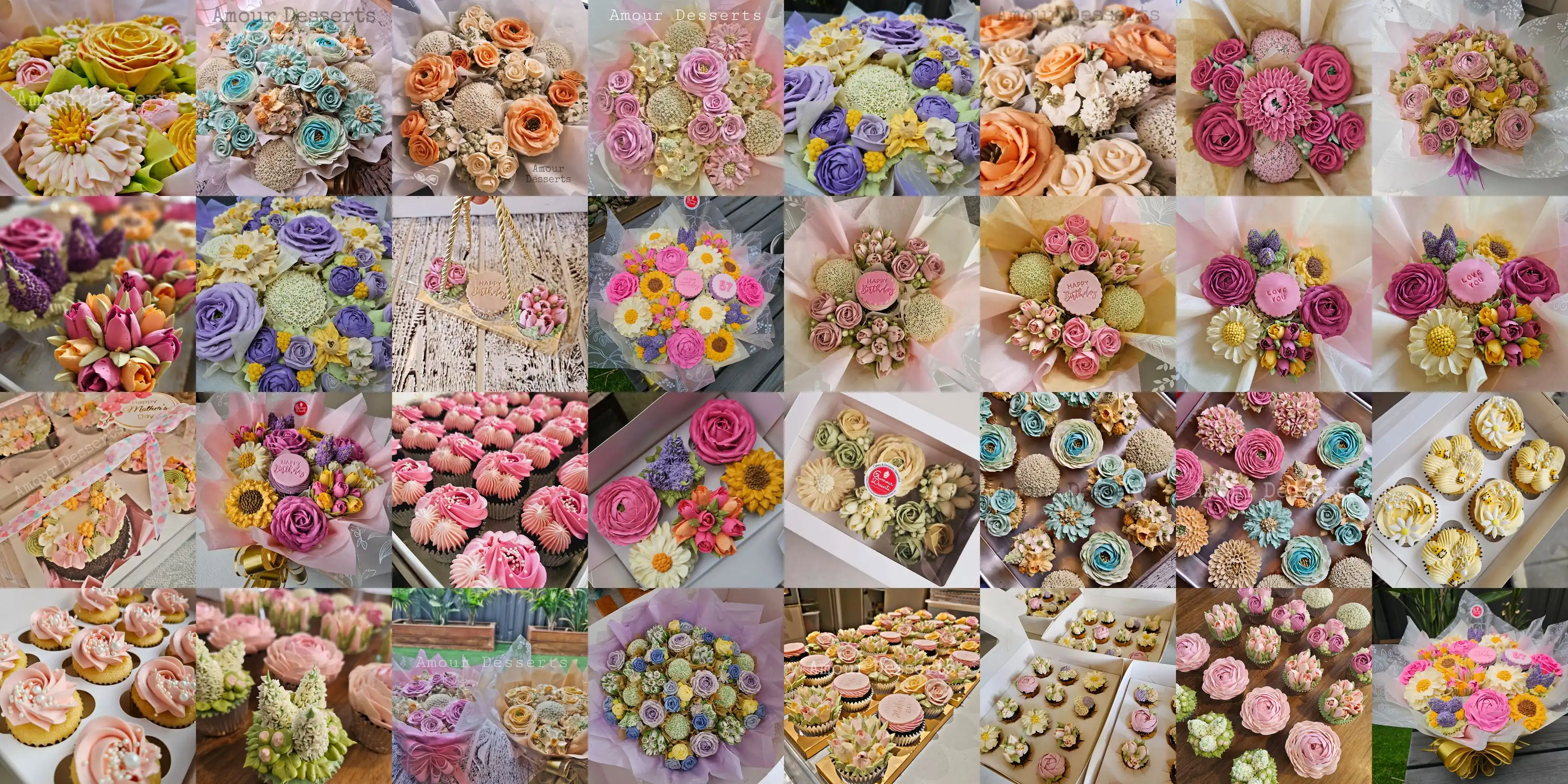 Pink rose and dahlia flower cupcake bouquet by Amour Desserts